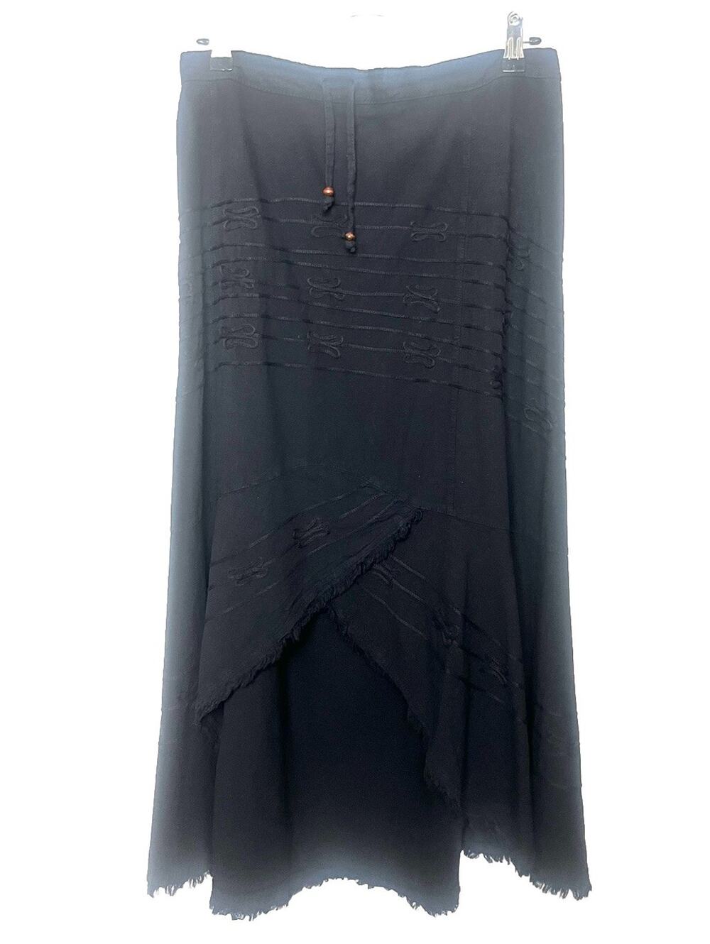Giocam Midi Skirt Fringe Hem Drawstring Sz Large Black Embroidered Boho